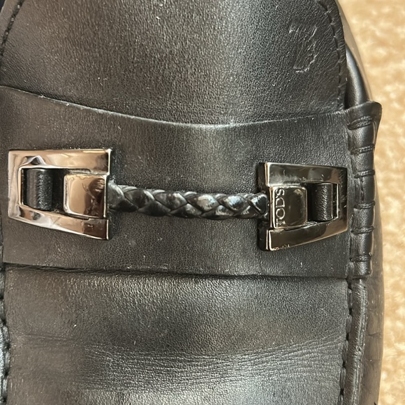 Tod\'s Black Leather Slip-On Loafers with Metal Buckle
